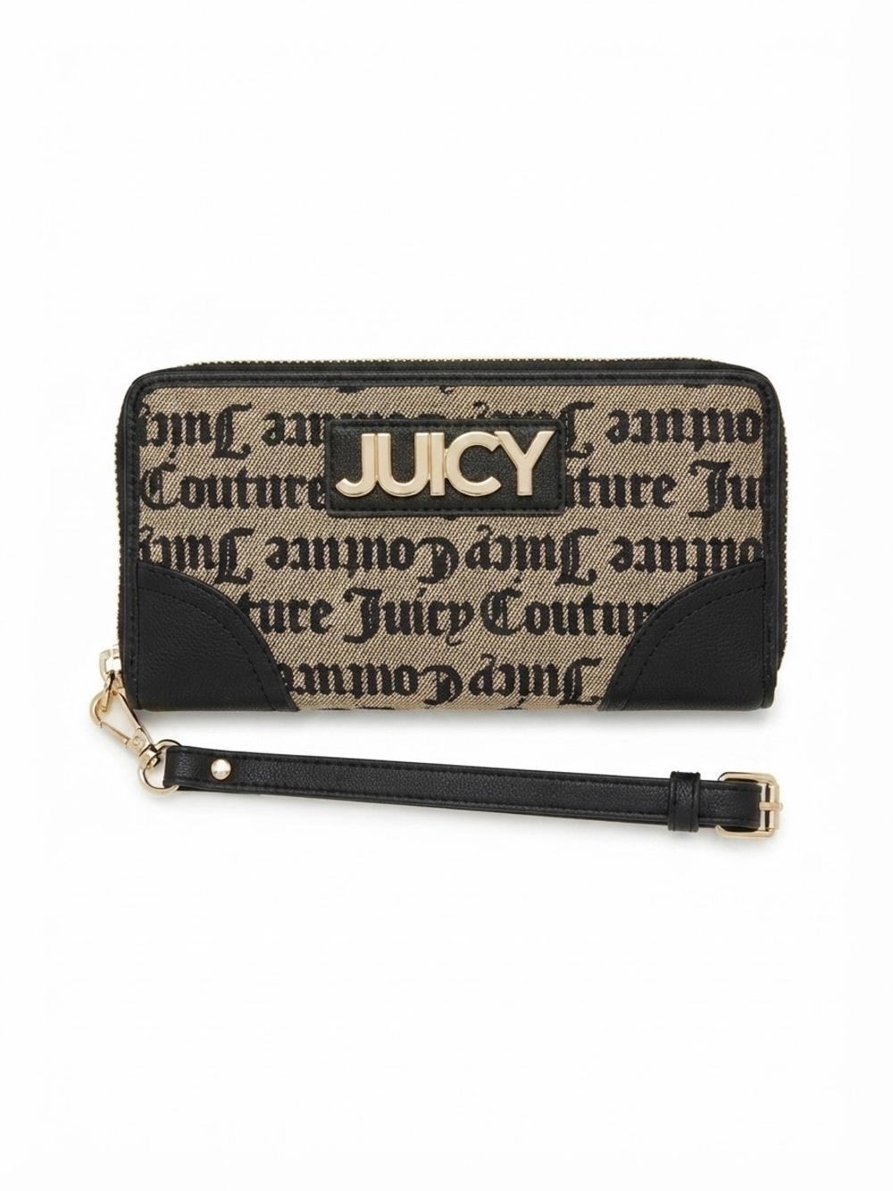 Juicy Couture Black & Beige Monogram Zip-Around Wallet With Wristlet Strap